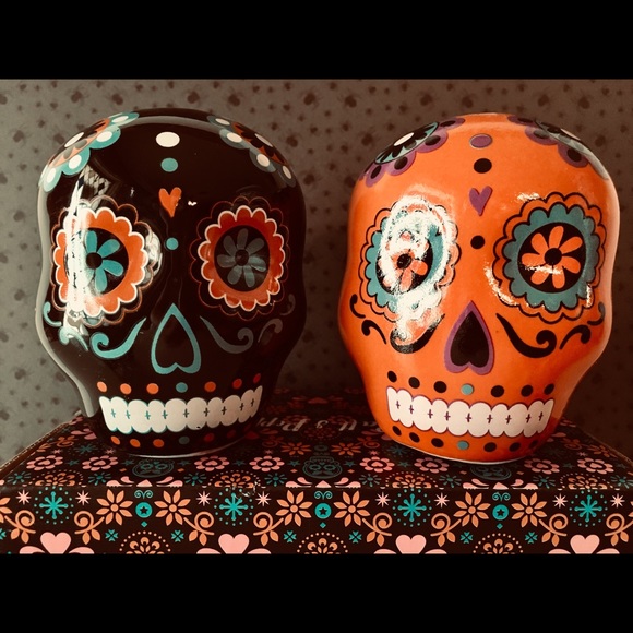 eai Other - Halloween Black Orange Ceramic Sugar Skull Shakers